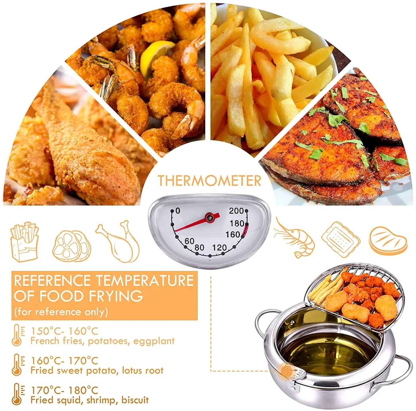 Friteuse Japonaise en Acier Inoxydable 3.4L avec Thermomètre Intégré